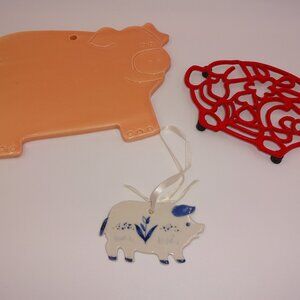 Vintage Lot 2 Pig Trivets Ceramic Red Metal & 1 Russ Berrie Ornament Decoration